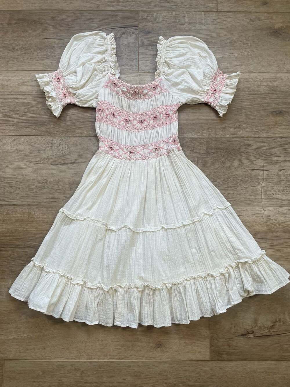 Ivy City Co White Pink Smocked Tiered Midi Dress XS Puff Sleeve Cottagecore - Picture 2 of 11